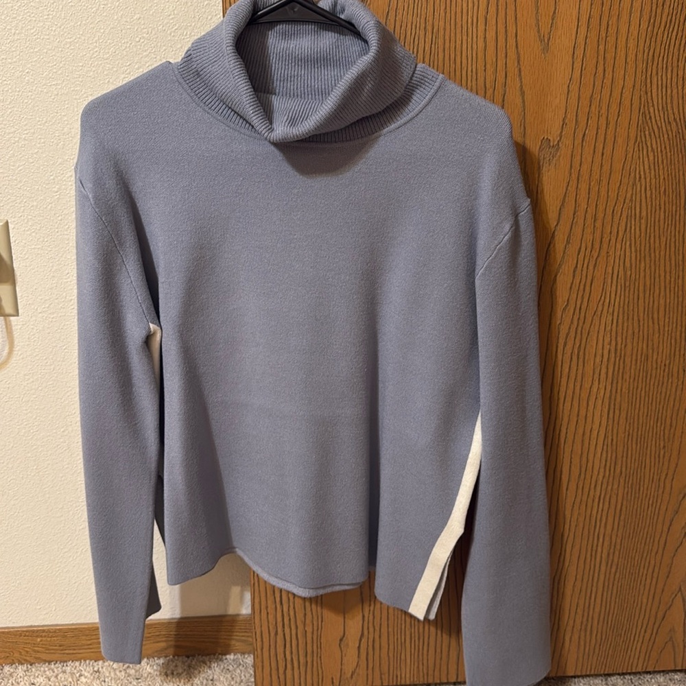 Blue turtleneck sweater with white racing stripes.